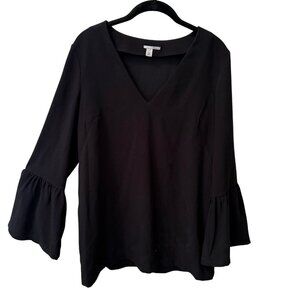 Halogen, Black, Vneck, Bell-sleeve, flowy sweater, M